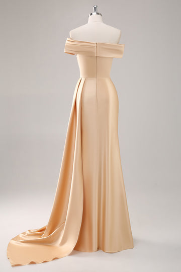 Off the Shoulder Satin Champagne Formal Dress with Drape